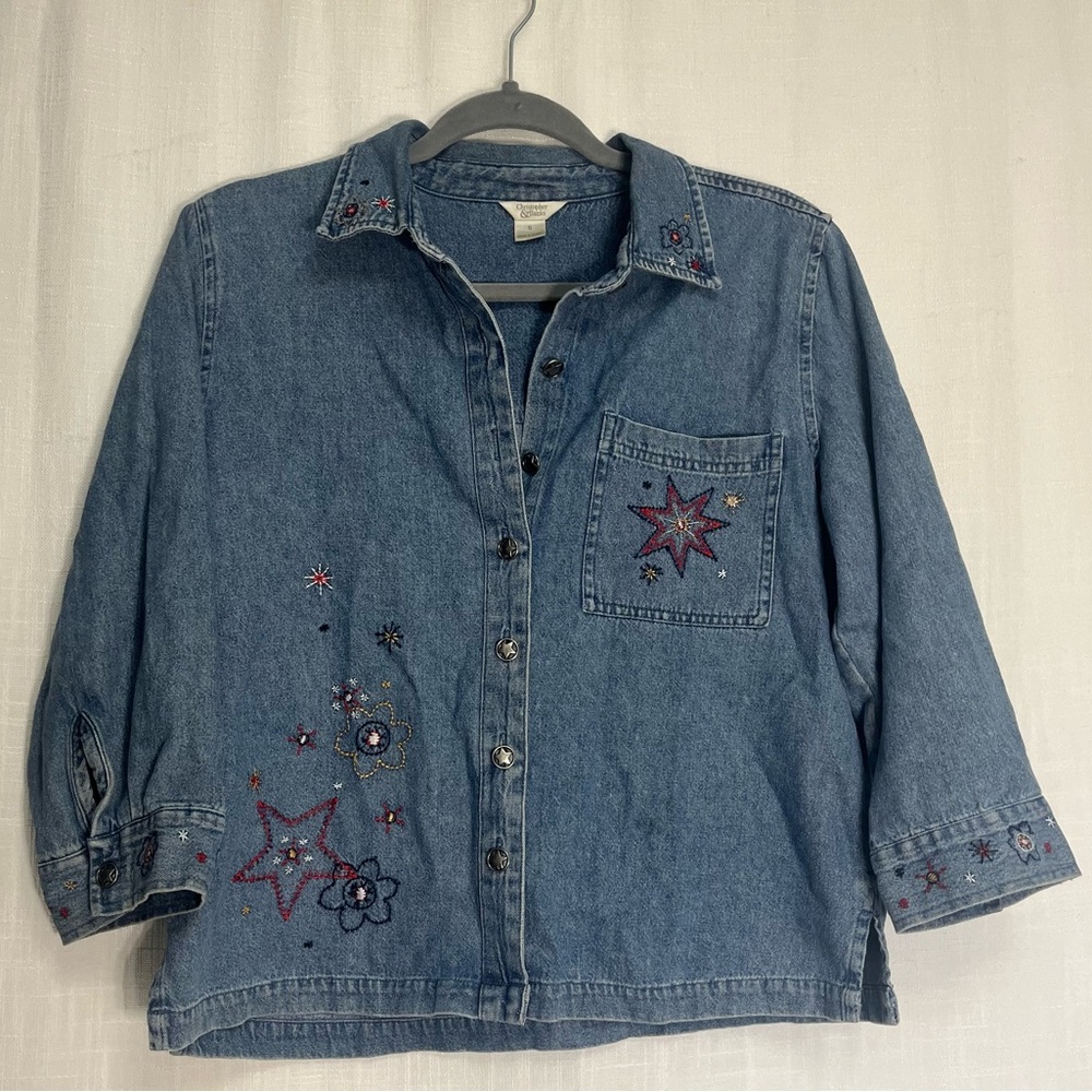 Christopher & Banks Denim Button Down Shirt Flowers and Stars 4th of July Size S